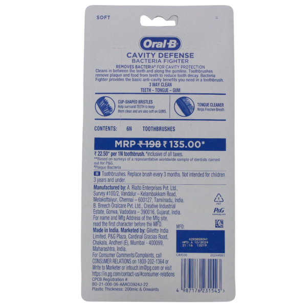 Oral-B Toothbrush Cavity Defence Bacteria Fighter 6ct